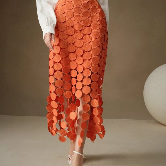 Orange Casual Women's Laser Cut Multi Circle Double Layered Skirt Maxi Outfit - Picture 5 of 7